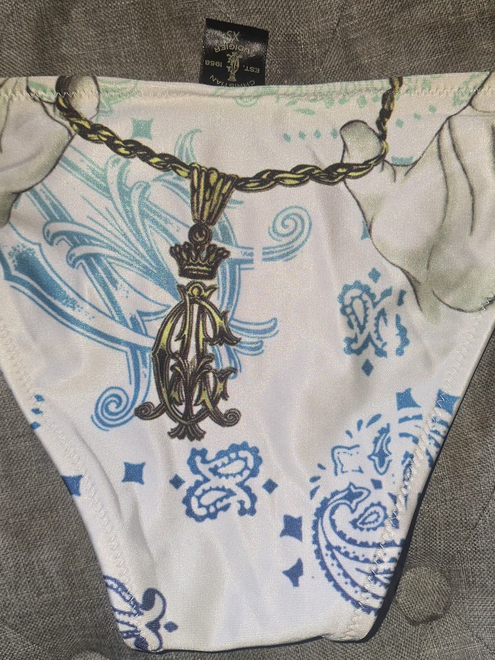 Christian Audigier White Triangle Bikini with Blue and Gray Graphics - Picture 9 of 12